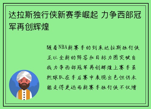 达拉斯独行侠新赛季崛起 力争西部冠军再创辉煌